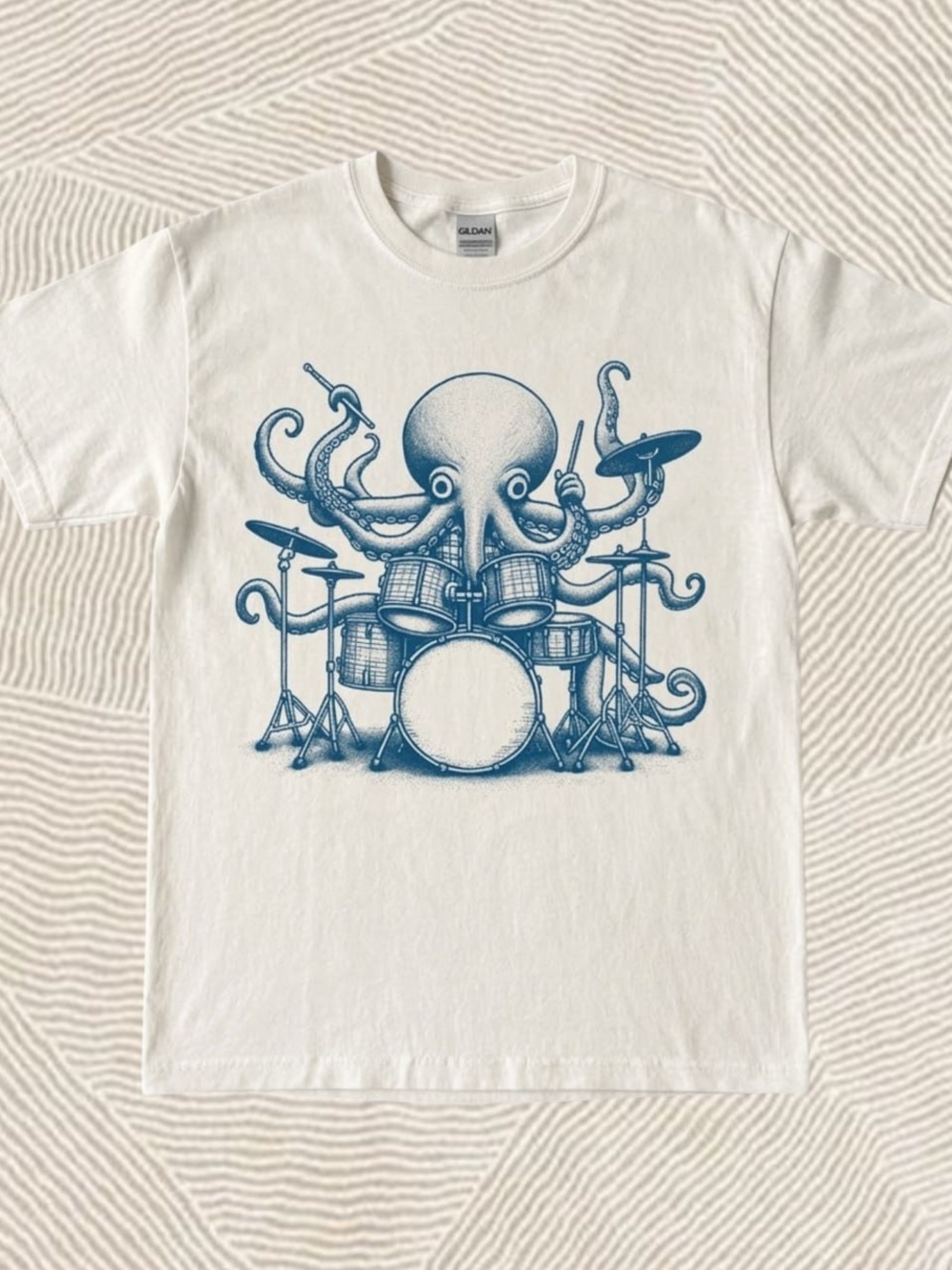 Gildan White funny Octopus playing drums Graphic Tee